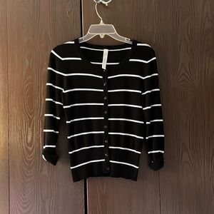 Piña Rossi black with white stripes cardigan sweater. 3/4 sleeves. Size S